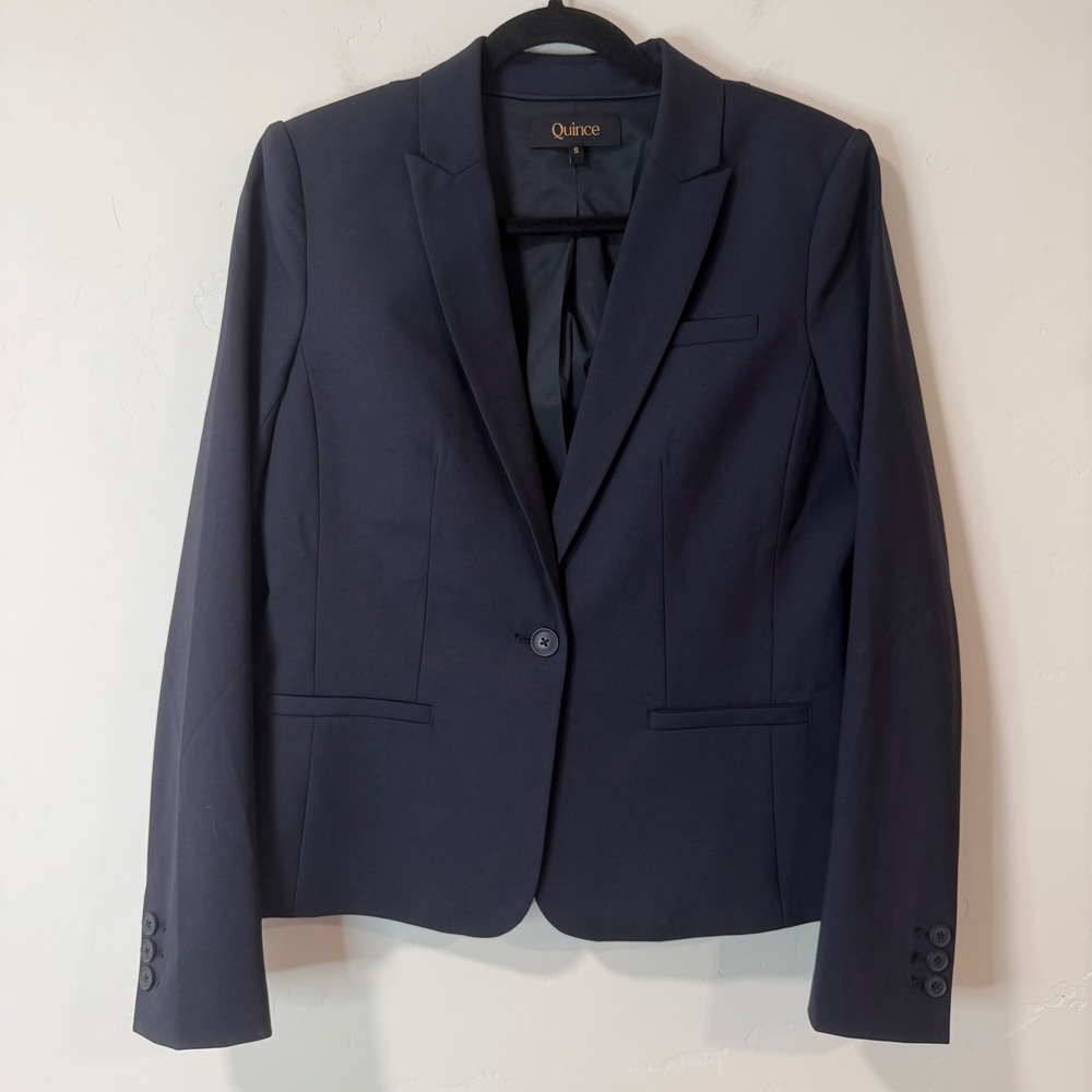 Quince Womens Italian Wool Tailored Blazer S Navy Excellent 3D Wool Tollegno